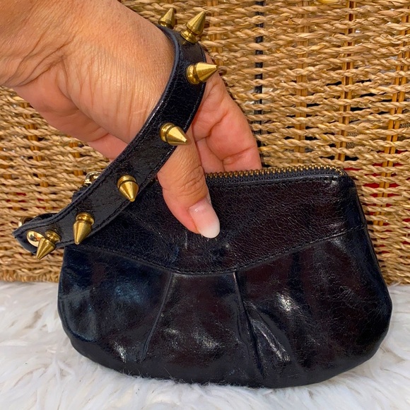 Black leather wristlet w/studded strap - Picture 1 of 12